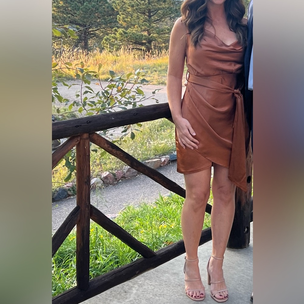 Wedding guest dress. Chocolate/gold silky mini dress with belt.